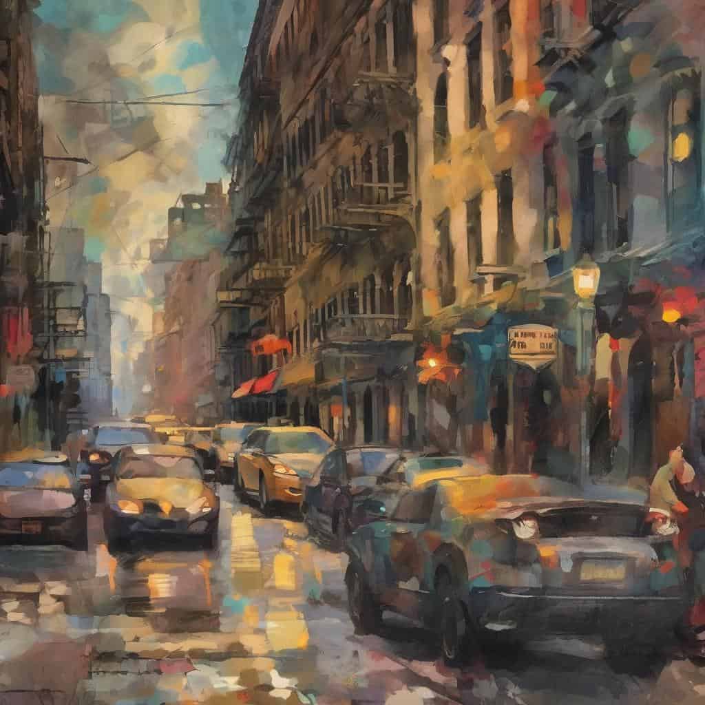 Ζωντανή ασπρόμαυρη εικόνα της πόλης με οχήματα στο δρόμο και φωτισμένα καταστήματα, παρουσιάζοντας την αρμονία στον εικαστικό σχεδιασμό με εντυπωσιακό καλλιτεχνικό ύφος.