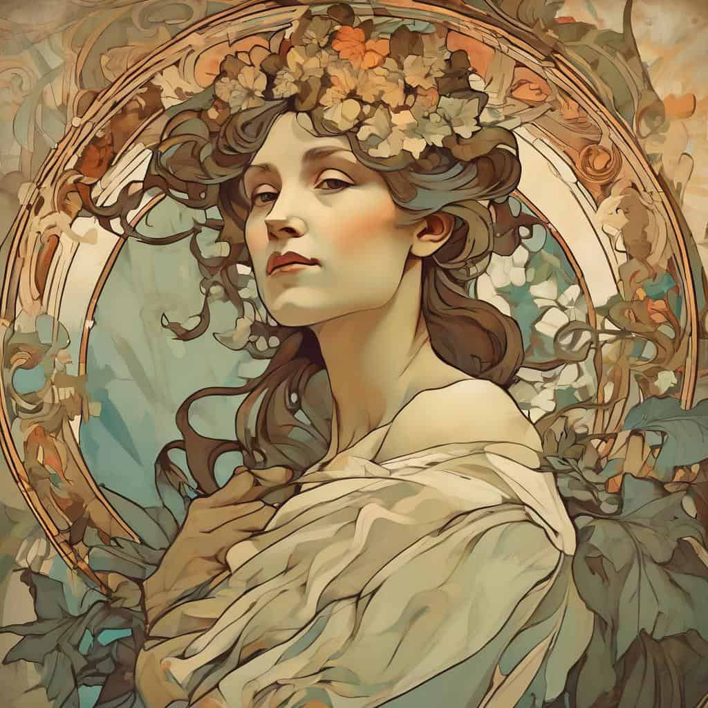 Ομορφη γυναίκα με ανθισμένο κεφάλι, εικαστικό σχέδιο, αρμονία και αισθητική σε ατμόσφαιρα Art Nouveau, γεμάτη λεπτομέρειες και κομψότητα, ιδανική για εικαστικό σχεδιασμό και δημιουργικό SEO.